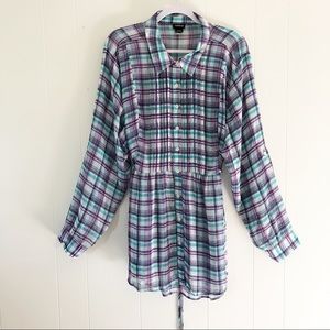 Torrid Sheer Plaid Tie Back Tunic Shirt